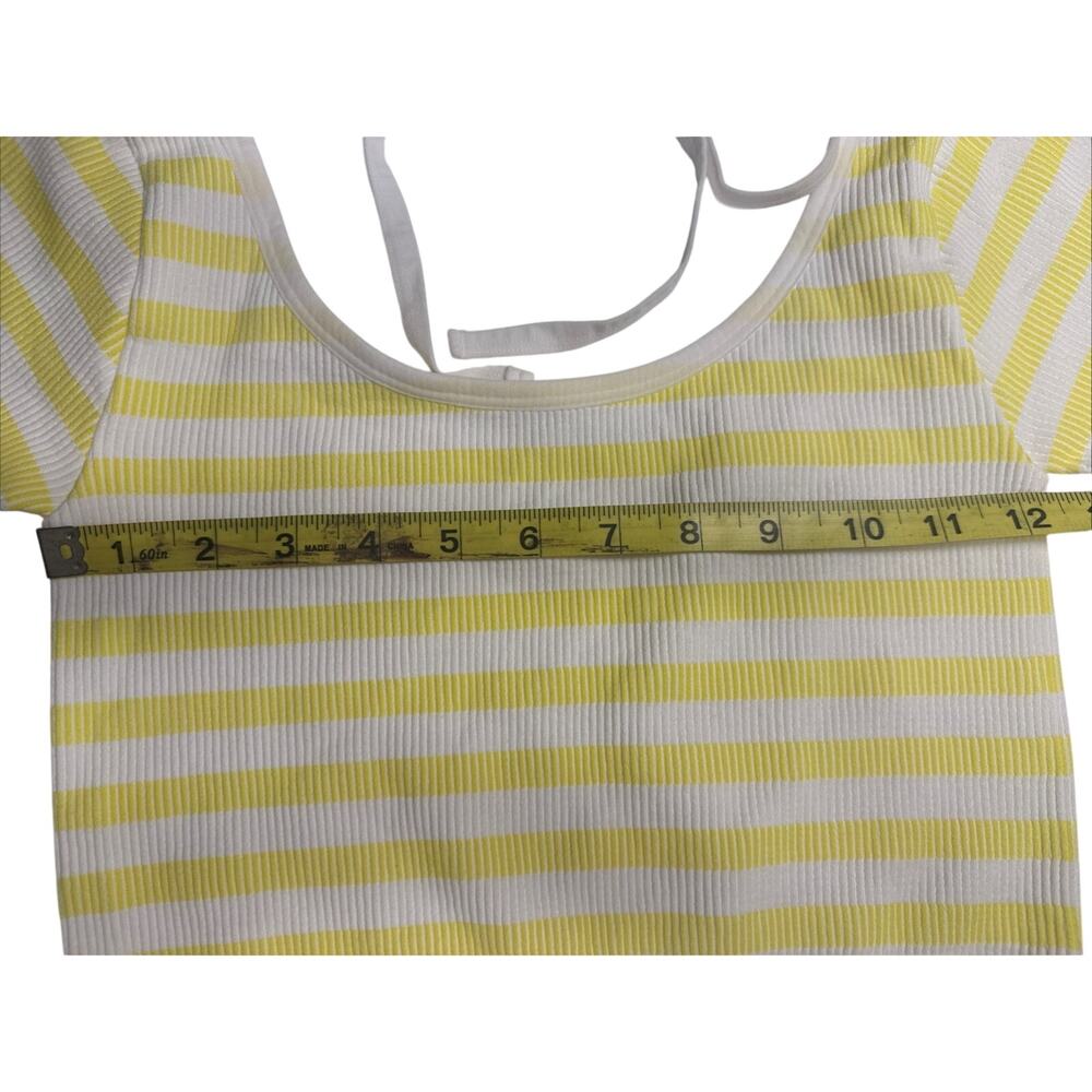 Yellow White Striped‎ Ribbed Crop Top Tie-Back Short Sleeve Knit - Picture 4 of 7